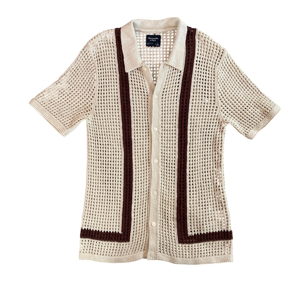 Abercrombie & Fitch Crochet Knit Button-Up Polo Sweater Short Sleeve (Size LT)